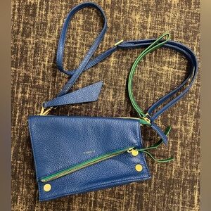 Hammitt Curtis Blue Leather Crossbody with Green Trim and Gold Hardware
